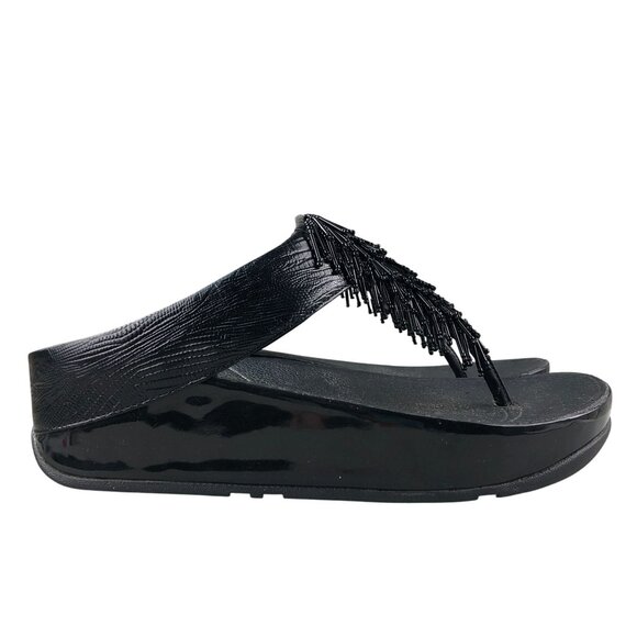FitFlop Women's Size 5 Cha Cha Black Beaded Open Toe Thong Slip On Wedge Sandals - Picture 1 of 14